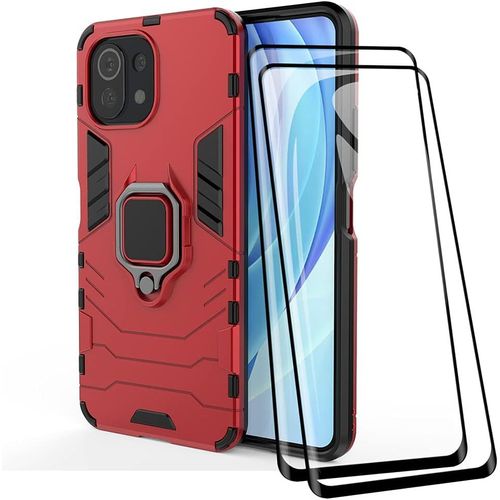 Coque + [2 Pieces] Verre Trempe Pour Xiaomi Mi 11 Lite (4g / 5g / 5g Ne), Tpu/Pc Dual Layer Armor Antichoc Housse [360¡Ã Holder] Con 9h Durete Film Protection Ecran, Rouge