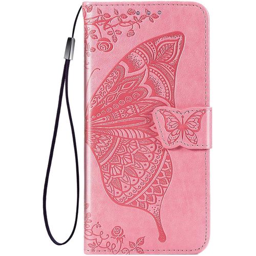 Papillon Coque Folio Pour Nokia 5.4, Housse Etui En Pu/Tpu Cuir Flip Portefeuille Avec Especes Et Carte Fente, Telephone Case Protection Cover - Rose