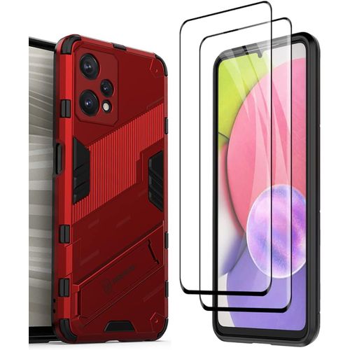 Robuste Housse Pour Oppo Realme 9 5g / Realme 9 Pro [2 Verre Trempe], Pc+Tpu Ultra Protection Coque Rugged Armor Bumper Case Cover Avec Support Invisible - Rouge.