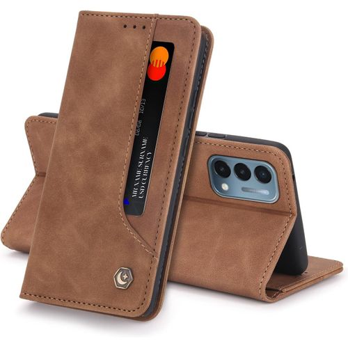 Coque Oneplus Nord N200 5g Housse Etui Flip Kickstand Support Case 5 Cartes Design Portefeuille En Cuir Housse De Protection Adsorption Auto Magnetic Case Pour 1+Nord N200 5g Cover(Brun)