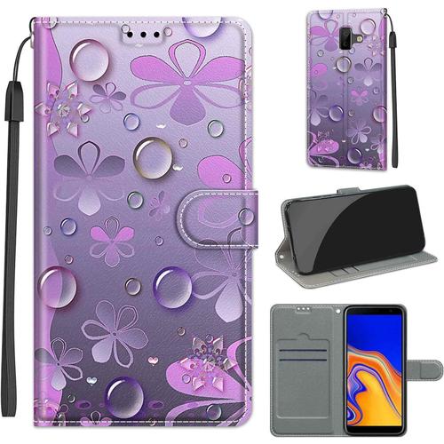 Coque Compatible Pour Samsung Galaxy J6+/J6 Plus 2018 Etui Silicone Pu Cuir Magnetique Clapet A Rabat Support Avec Cordon Motif Drole Portefeuille Kickstand Bumper Housse Cover Fleur