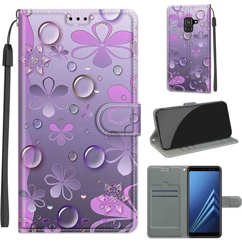 Coque Compatible Pour Samsung Galaxy A8 2018 Etui Silicone Pu Cuir Magnetique Clapet A Rabat Support Avec Cordon Motif Dr?Le Portefeuille Kickstand Bumper Housse Cover, Fleur