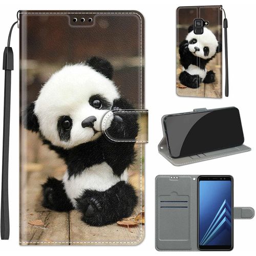 Coque Compatible Pour Samsung Galaxy A8 2018 Etui Silicone Pu Cuir Magnetique Clapet A Rabat Support Avec Cordon Motif Dr?Le Portefeuille Kickstand Bumper Housse Cover, Panda