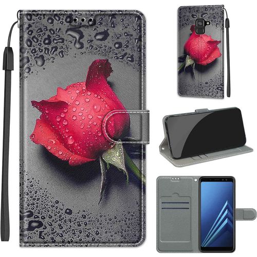 Coque Compatible Pour Samsung Galaxy A8 2018 Etui Silicone Pu Cuir Magnetique Clapet A Rabat Support Avec Cordon Motif Dr?Le Portefeuille Kickstand Bumper Housse Cover, Rose