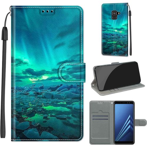 Coque Compatible Pour Samsung Galaxy A8 2018 Etui Silicone Pu Cuir Magnetique Clapet A Rabat Support Avec Cordon Motif Dr?Le Portefeuille Kickstand Bumper Housse Cover, Vert