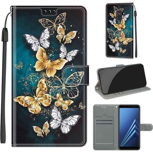 Coque Compatible Pour Samsung Galaxy A8 2018 Etui Silicone Pu Cuir Magnetique Clapet A Rabat Support Avec Cordon Motif Dr?Le Portefeuille Kickstand Bumper Housse Cover, Papillon 2