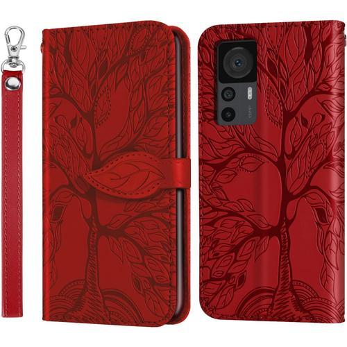 Coque Xiaomi 12t / 12t Pro 5g Arbre En Relief Housse En Cuir Pu Mi 12t Portefeuille Etui A Rabat Pour Xiaomi Mi 12t Pro/Mi 12t 5g - Rot