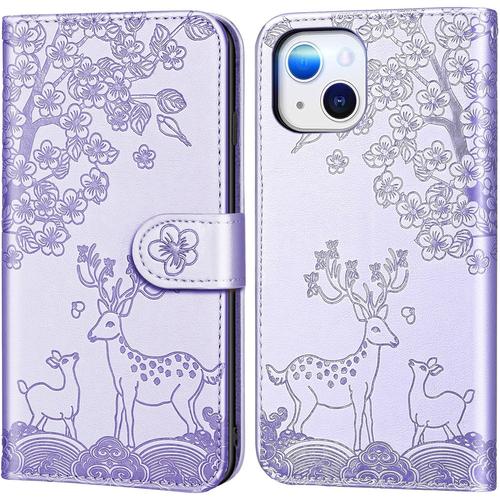 Coque Pour Iphone 13 (6,1 Pouces), Fleur Cerf Sika Animaux Motif Etui A Rabat, Housse De Protection En Cuir Synthetique Portefeuille Avec Fentes Pour Cartes, Fonction De Support, Mauve