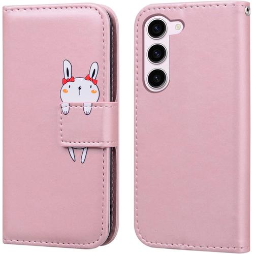 Etui Coque Pour Samsung Galaxy S23(6.1""),Protection Housse En Cuir Antichoc Tpu Etui Pu Portefeuille Avec [Bequille] [Fentes Pour Cartes],Rose Lapin