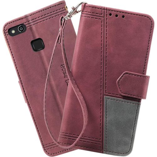 Coque Compatible Avec Huawei P10 Lite/Nova Lite, Portefeuille Housse En Cuir Pu Pour Huawei P10 Lite/Nova Lite, Magnetique Antichoc Flip Coque, Vin Rouge