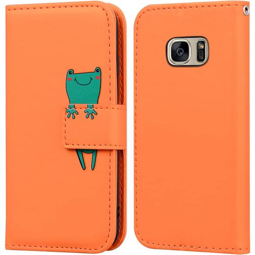 Coque Samsung Galaxy S7,Housse En Cuir 3d Grenouille Dessin Anime,Portefeuille Etui En Protecion Pour Galaxy S7, Orange