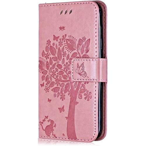 Coque Pour Huawei P8 Lite 2015 / Huawei P8 Lite 2016, Etui En Cuir Pu Portefeuille, Flip Case Housse Retro Serie De Chat Et Darbre Pour Huawei P8 Lite 2015 / Huawei P8 Lite 2016 - Rose