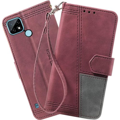 Coque Compatible Avec Oppo Realme C21 / Realme C20, Portefeuille Housse En Cuir Pu Pour Oppo Realme C21 / Realme C20, Magnetique Antichoc Flip Coque, Vin Rouge
