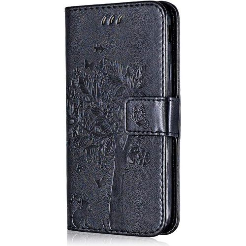 Coque Pour Galaxy J3 2016, Etui En Cuir Pu Portefeuille, Antichoc Flip Case Housse Retro Emboss Serie De Chat Et Darbre Pour Samsung Galaxy J3 2016 - Noir