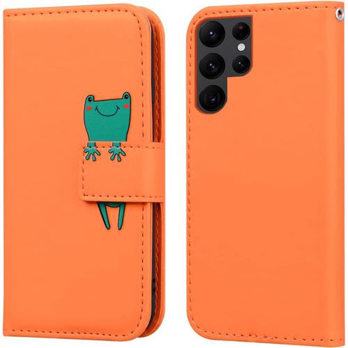 Etui Coque Pour Samsung Galaxy S23 Ultra(6.8""),Protection Housse En Cuir Antichoc Tpu Etui Pu Portefeuille Avec [Bequille] [Fentes Pour Cartes],Orange Grenouille