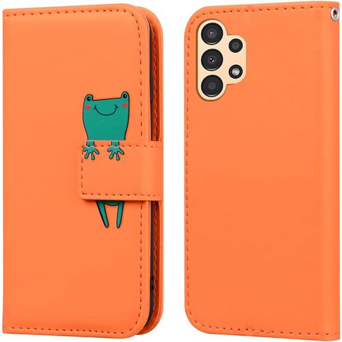 Etui Coque Pour Samsung Galaxy A13 4g(6.6""),Protection Housse En Cuir Antichoc Tpu Etui Pu Portefeuille Avec [Bequille] [Fentes Pour Cartes],Orange Grenouille
