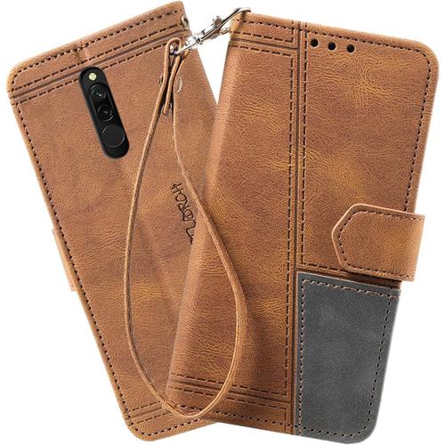 Coque Compatible Avec Xiaomi Redmi 8, Portefeuille Housse En Cuir Pu Pour Xiaomi Redmi 8, Magnetique Antichoc Flip Coque, Brun