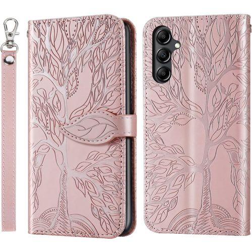 Coque Samsung Galaxy A24 4g Arbre En Relief Housse En Cuir Pu Samsung A24 Portefeuille Etui A Rabat Pour Samsung Galaxy A24 4g - Or Rose