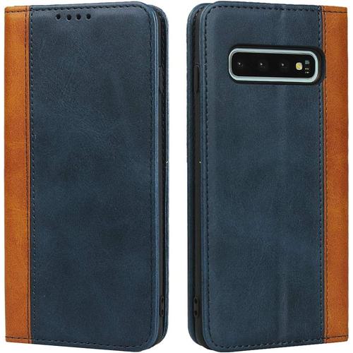 Coque Samsung Galaxy S10 Premium Flip Portefeuille Etui En Cuir 3 Fentes Fonction Support Fermeture Magnetique Housse Etui Coque Pour Samsung Galaxy S10 Bleu Jaune