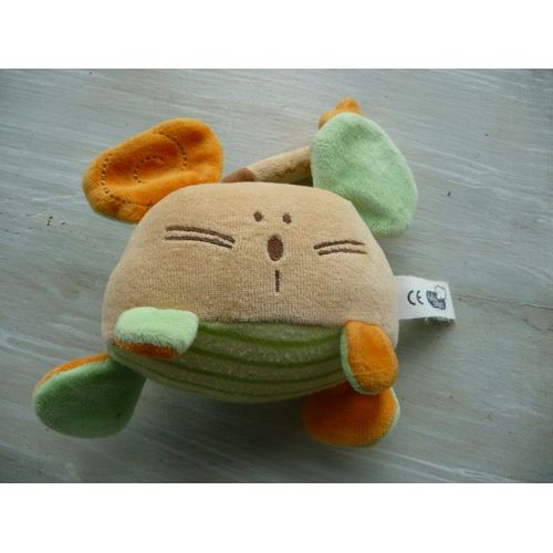 Doudou "Bébé Confort", Peluche Souris Orange Vert, Queue Aimantée, Grelot, 10 Cm De Haut