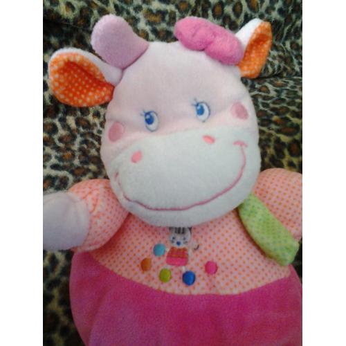 Doudou Mots D'enfants, Vache, Peluche Boule, Rose, Chat Brodé, Écharpe Verte