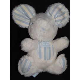 Souris Tartine Et Chocolat Doudou Blanc Bleu Rayé Peluche De 23 Cm + Oreilles De 7 Cm