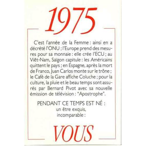 1975   Principaux Événements De L'année. Carte D'anniversaire