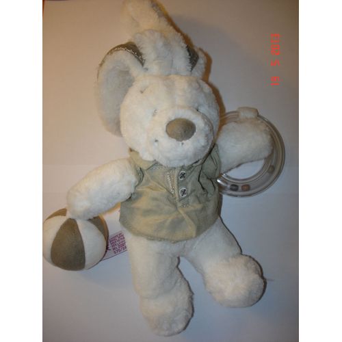 Doudou Lapin Blanc Anneau Hochet Balle - Pommette - 20cm Sans Les Oreilles