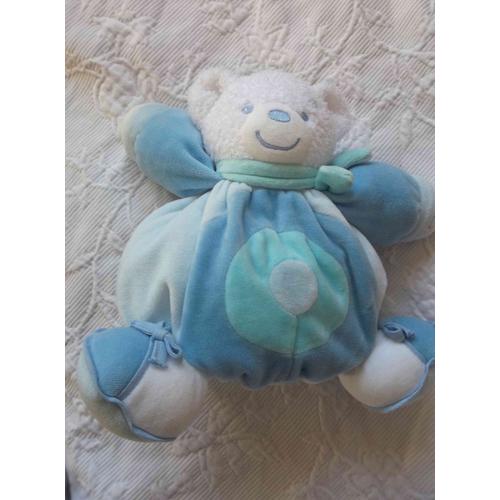 peluche doudou ours boule KALOO bleu turquoise et blanc 25 cm écharpe ronds  concentriques sur le ventre collection lagon
