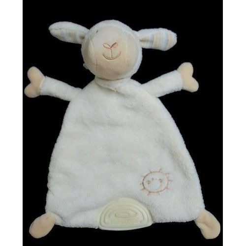 Doudou Peluche Mouton Babysun Baby Sun Plat Blanc Cassé Crème Bandana Rayé Soleil Anneau Dentition