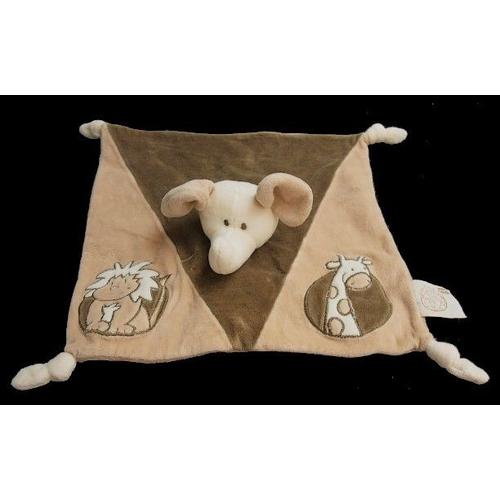 Doudou Peluche Hochet Eléphant Vaco Plat Carré Beige Vert Blanc Lion Girafe Grelot Noeuds