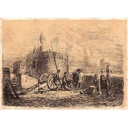Gravure Eau-Forte "Fortifications Marines" 19th