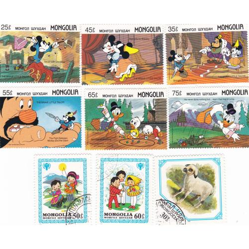 Timbres Disney Mongolie - Lot De 6 Timbre + 3 Timbres Autres