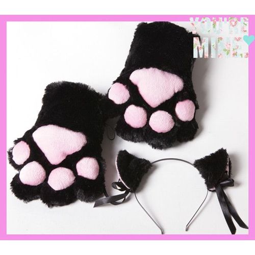 Gants Une Paire De Patte Chat + Les Oreilles Chat Serre Tête Gant Peluche Doux Cosplay Soirée Costume Déguisement Pince Barrettte Japonais Kawa