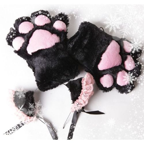 Gants Une Paire De Patte Chat + Les Oreilles Chat Serre Tête Gant Peluche Doux Cosplay Soirée Costume Déguisement Pince Barrettte Japonais Kawa