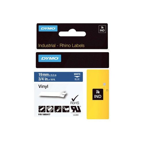 DYMO Rhino Coloured Vinyl - Bande vinyle adhésive permanente - blanc sur bleu - Roll (1.9 cm x 5.5 m) 1 rouleau(x) - pour DYMO ILP219; Rhino 4200, 5000, 5200, 6000, 6500; RhinoPRO 3000, 5000...