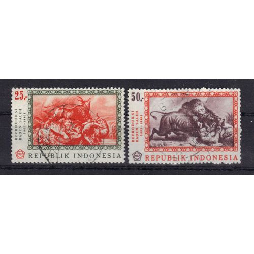Indonesie 1967 :  Peintures De Raden Saleh (1813-1880) : La Curée / Lion Contre Buffle - Série Entière De 2 Timbres Oblitérés