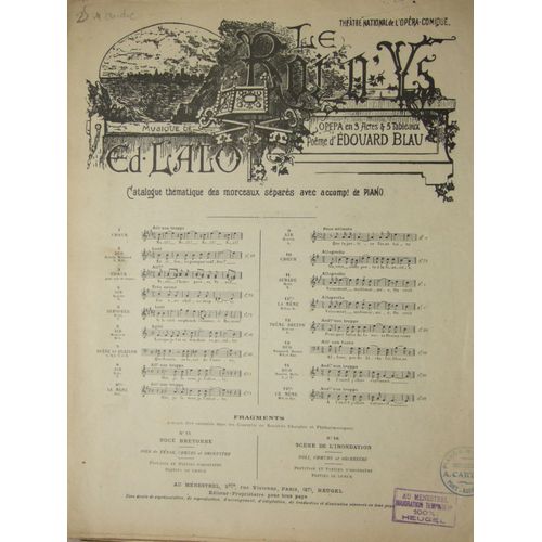 "Le Roi D'ys" Opéra En 3 Actes Et 5 Tableaux. N° 2 Duo (Lent). Poème D'édouard Blau, Musique D'ed. Lalo.