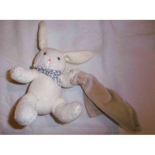 Mini Peluche Doudou Lapin Corolle Blanc Crème Avec Mouchoir Beige Noeud Ruban À Carreaux Grelot