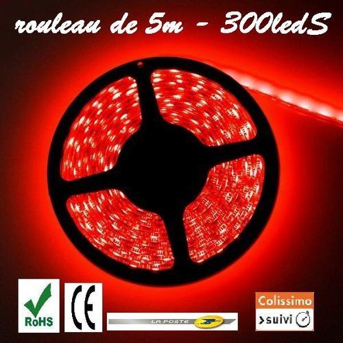 Rouleau Led 5m Rouge 5050smd Ip65 300 Leds Branchement 12v Découpable / 3m