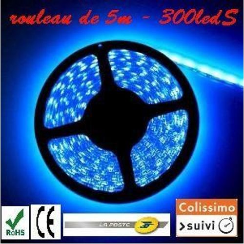 Rouleau Led 5m Bleu 5050smd Ip65 300 Leds Branchement 12v Découpable / 3m