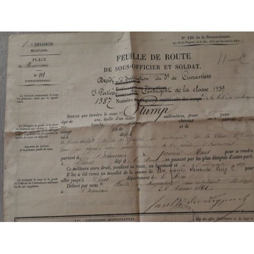 Feuille De Route De Sous Officier Et Soldat Classe 1859