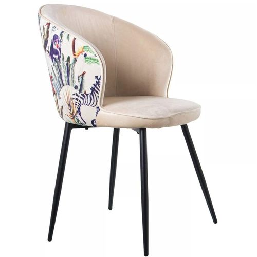 Chaise En Velours Beige+Impression, Pieds Métal Noir, Haut Siège