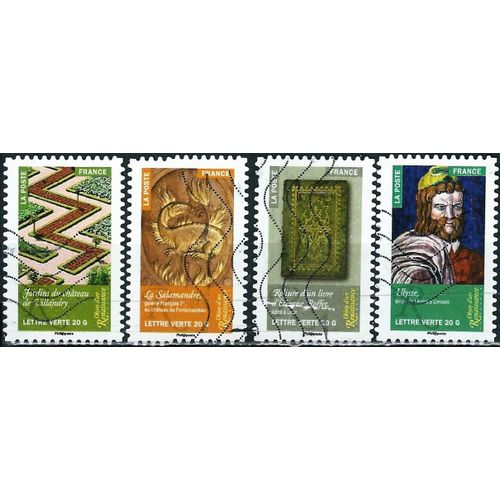 France 2014, Série Objets D'art Renaissance En France, Beaux Timbres Yvert 1012 Ulysse - Émail, 1016 Reliure D'un Livre 1018 Jardins Du Château De Villandry 1021 La Salamandre, Oblitérés, Tbe.