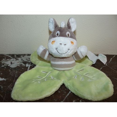 Doudou  Plat Zèbre Poney Âne Cheval Kimbaloo Rayé Gris Blanc Vert Sur Feuille Verte