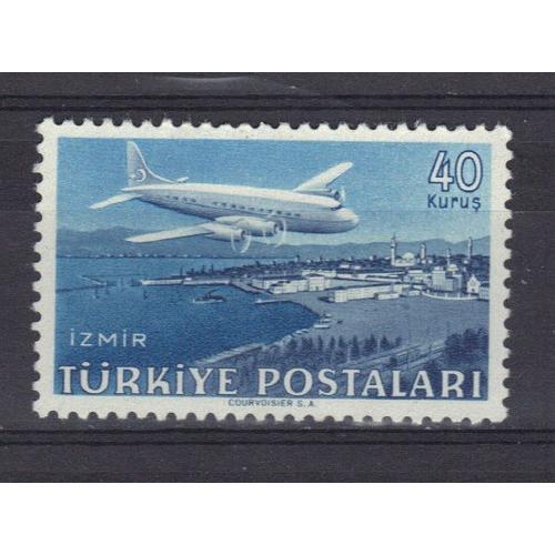 Turquie 1949 Poste Aerienne : Avion Douglas Dc-4 Sur Izmir - Timbre 40 K. Bleu Clair Et Bleu Foncé Neuf *