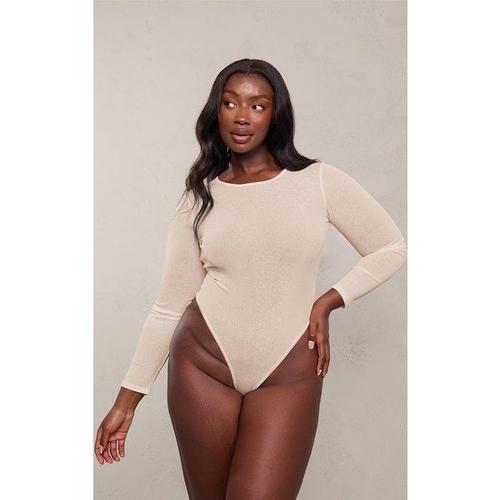 Plus Body Beige En Mesh Dévoré À Col Ras Et Manches Longues, 44