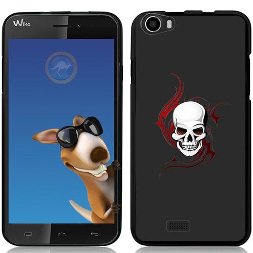 Coque Souple En Gel Noire Pour Wiko Lenny Avec Impression Motifs Tête De Mort S