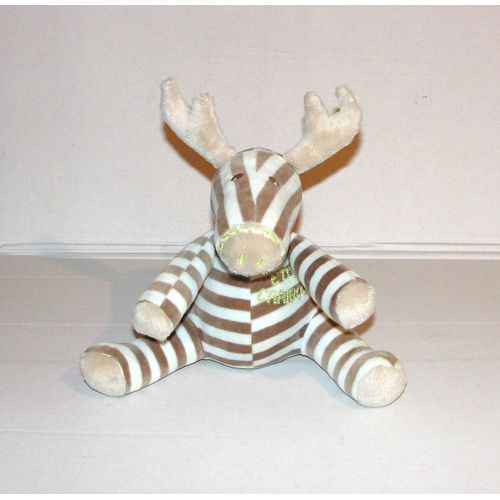 Peluche Doudou Marese Petit Caribou Renne Cerf Rayé Beige Bleu Ciel 18 Cm Assis Sans Compter Les Bois