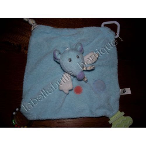 Cp International - Doudou Plat Carré Souris Bleu Ciel - 25cm De Côté
